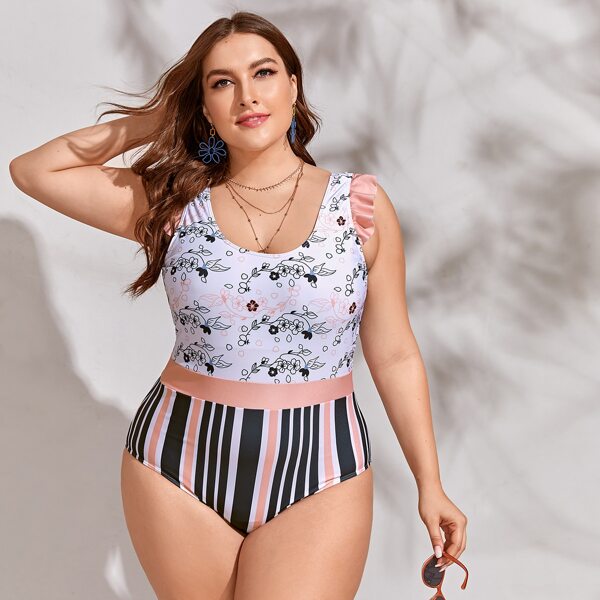 

Plus Floral & Stripe Ruffle One Piece Swimsuit, Multicolor