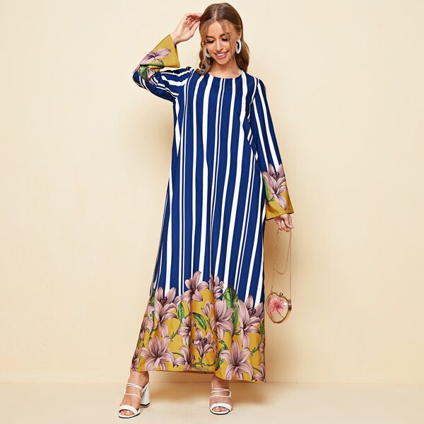 

Floral and Striped Dress, Blue and white