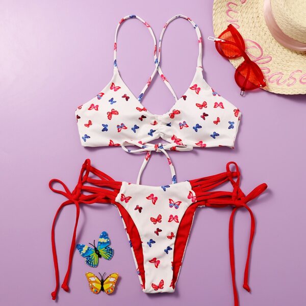 

Butterfly Print Tie Side Bikini Swimsuit, Multicolor