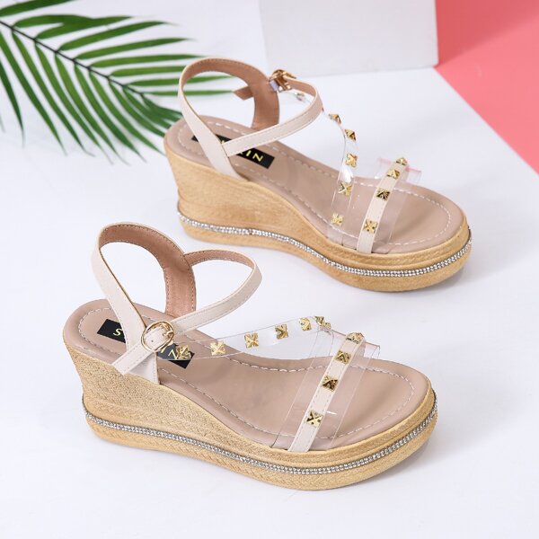 

Studded Decor Ankle Strap Wedges, Beige