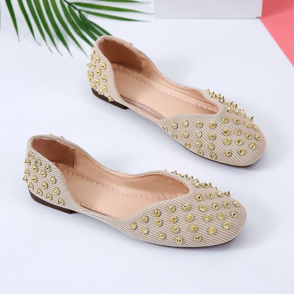 

Studded Decor Knit Slip On Flats, Beige