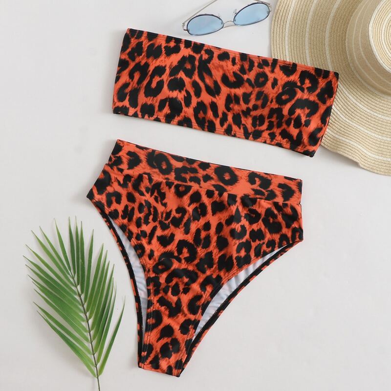 

Leopard Bandeau High Waisted Bikini Swimsuit, Multicolor