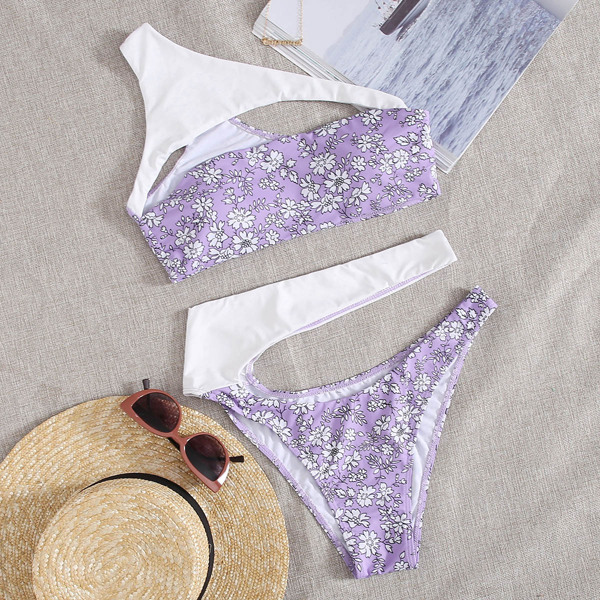 

Floral Cut-out One Shoulder Bikini Swimsuit, Multicolor