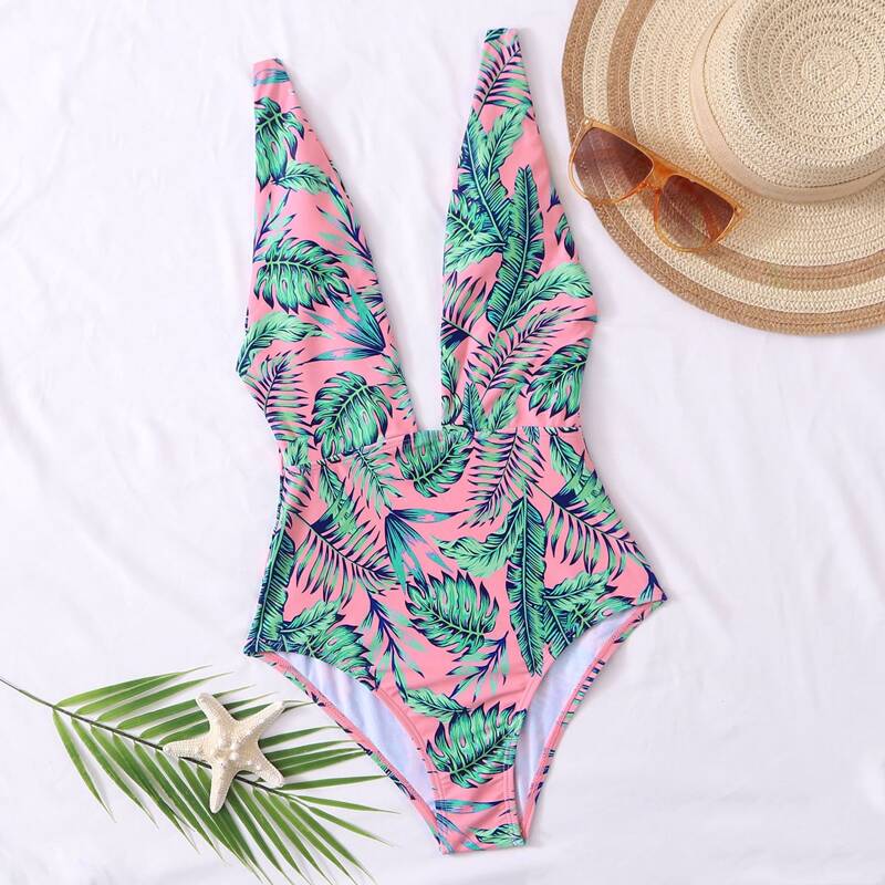

Tropical Plunging One Piece Swimsuit, Multicolor