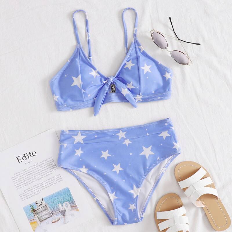 

Star Print Knot Front Bikini Swimsuit, Pastel baby blue