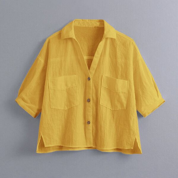 

Plus Drop Shoulder Button Up Blouse, Yellow