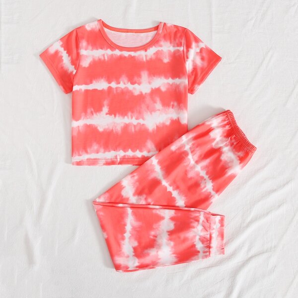 

Girls Tie Dye Print PJ Set, Watermelon pink