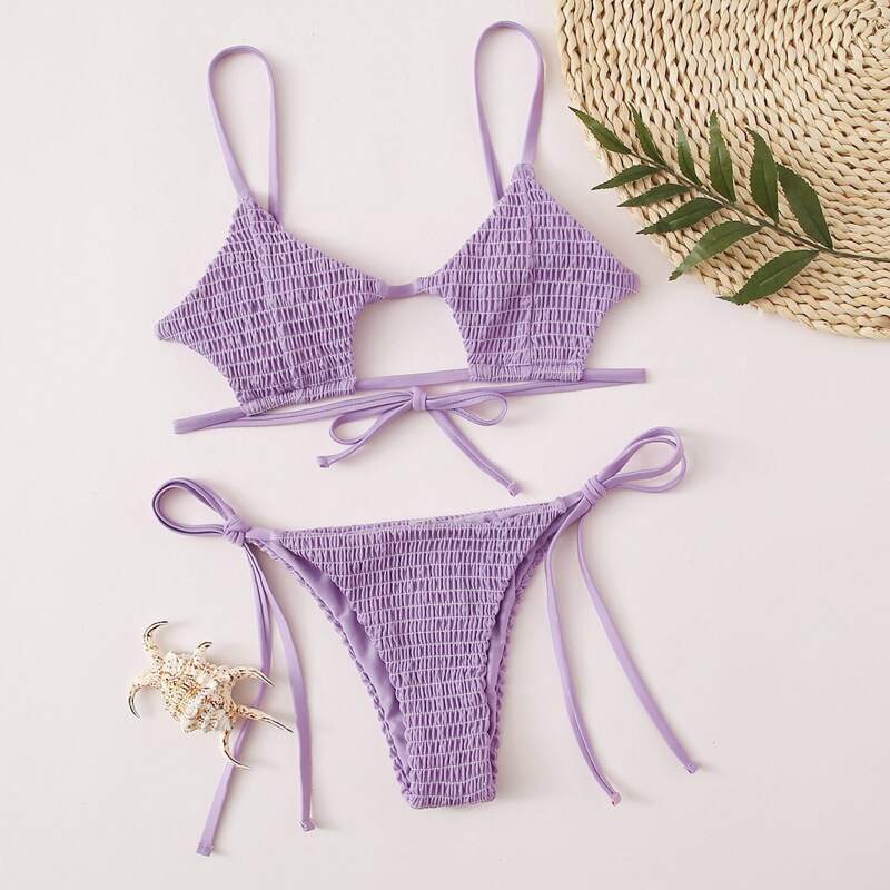 

Smocked Cut-out Tie Side Bikini Swimsuit, Pastel lilac purple