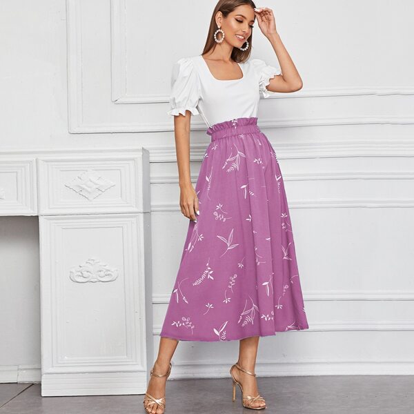 

Square Neck Puff Sleeve Top & Paperbag Waist Skirt, Multicolor