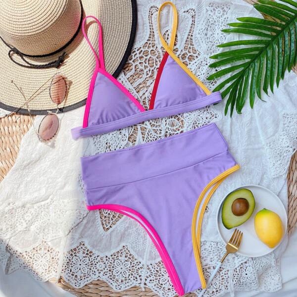 

Contrast Binding Triangle Bikini Swimsuit, Pastel lilac purple
