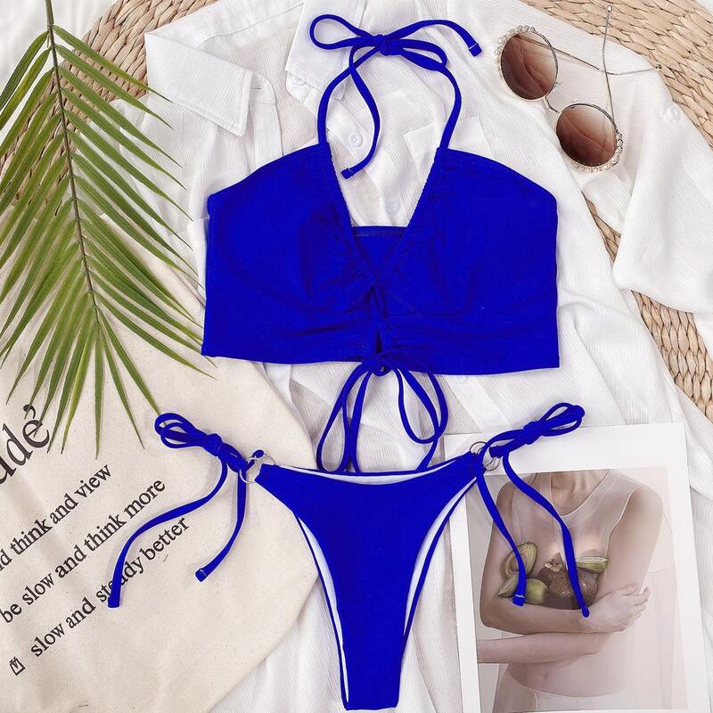 

Knot Front Halter Tie Side Bikini Swimsuit, Royal blue bright