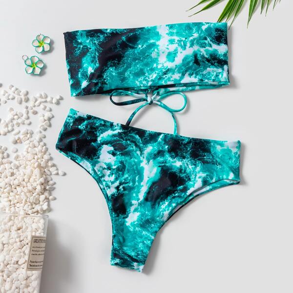 

Sea Wave Print Lace-up Bandeau Bikini Swimsuit, Multicolor