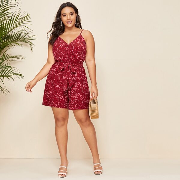 

Plus Polka Dot Surplice Front Self Tie Cami Romper, Burgundy