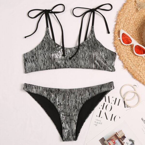 

Tie Shoulder Bikini Swimsuit, Silver