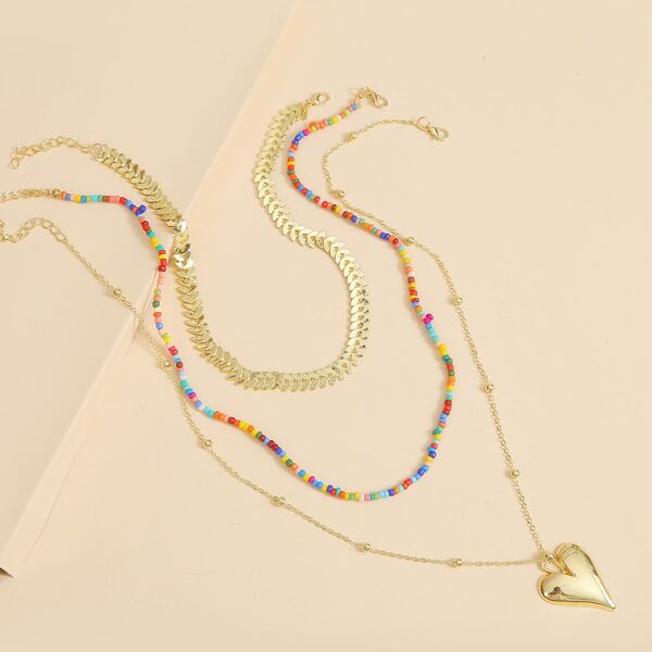 

3pcs Heart Charm Necklace, Multicolor
