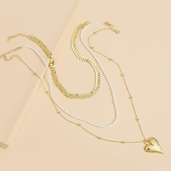 

3pcs Heart Charm Necklace, Multicolor
