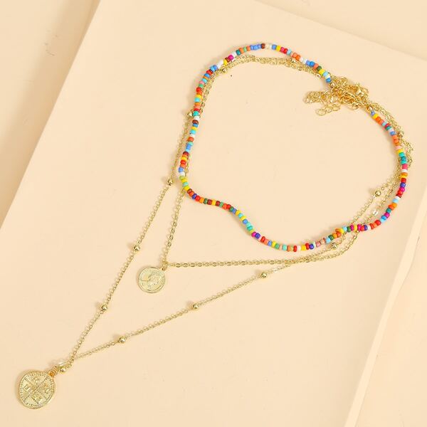 

3pcs Coin Charm Necklace, Multicolor