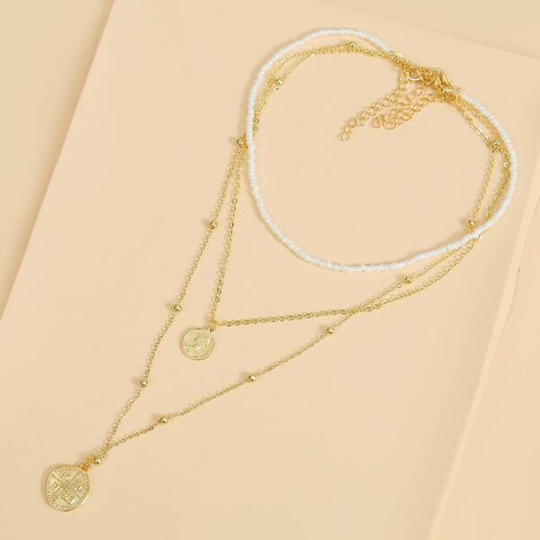 

3pcs Coin Charm Necklace, Multicolor