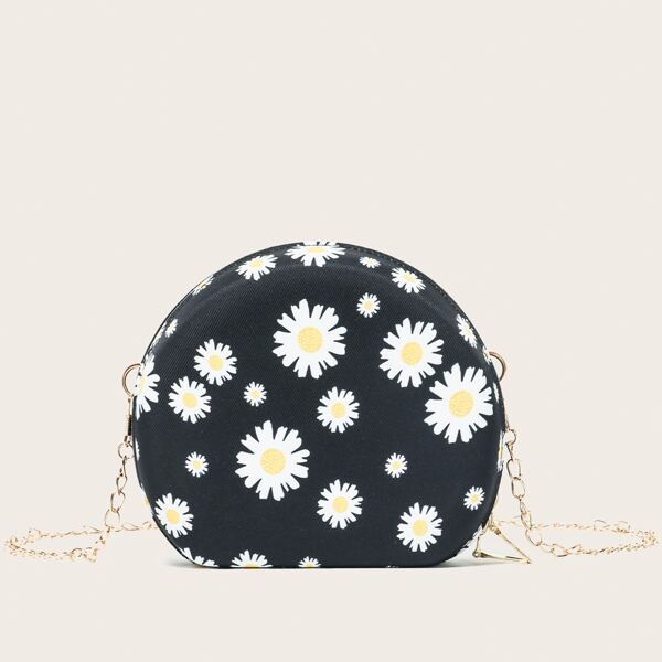 

Round Daisy Print Chain Bag, Black