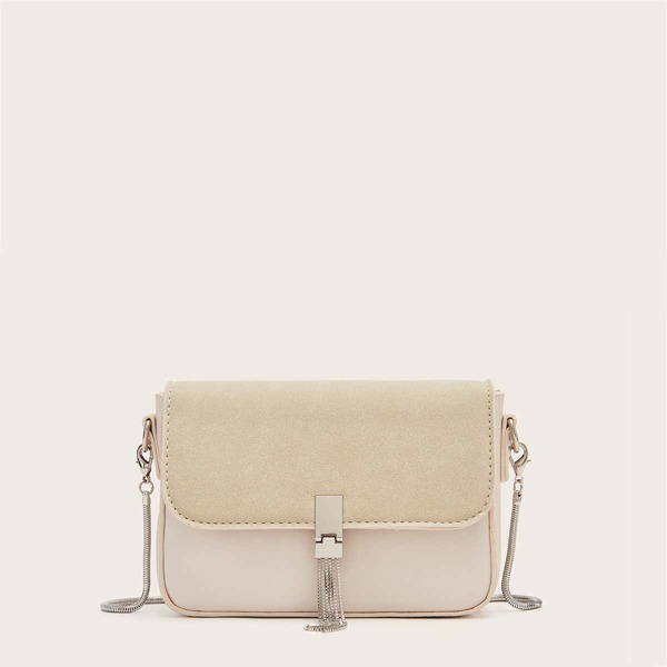 

Metal Tassel Charm Flap Crossbody Bag, Apricot