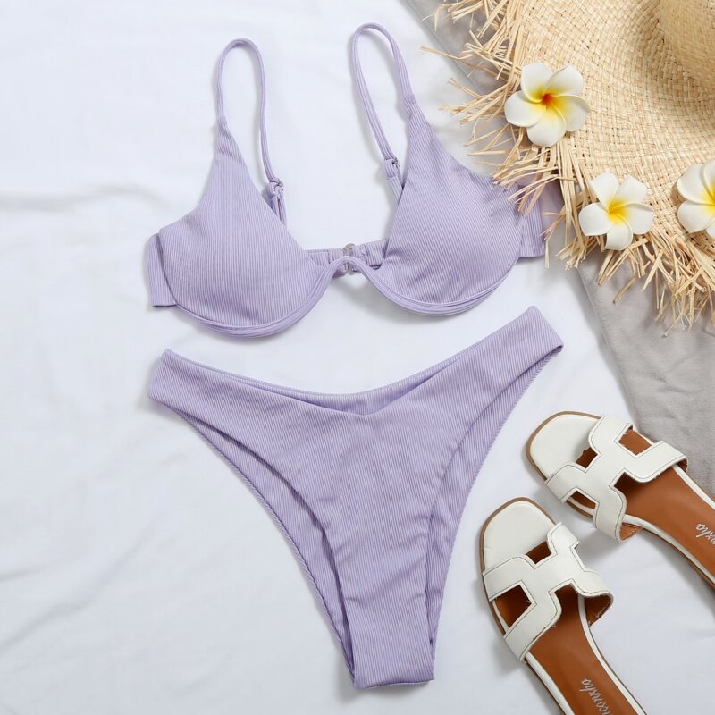 

Rib Underwire High Leg Bikini Swimsuit, Pastel lilac purple