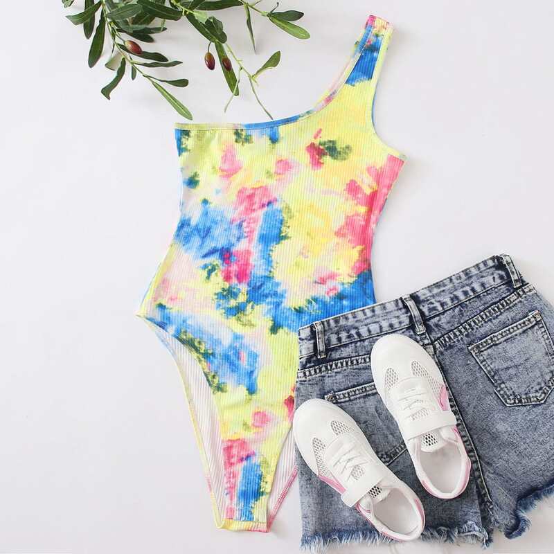 

One Shoulder Tie Dye Bodysuit, Multicolor