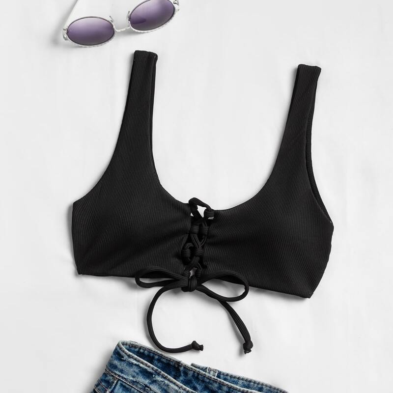 

Rib Lace-up Bikini Top, Black