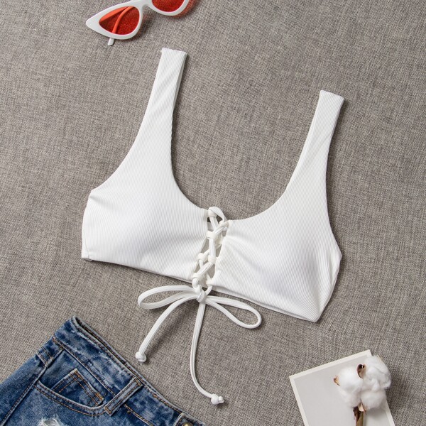 

Rib Lace-up Bikini Top, White