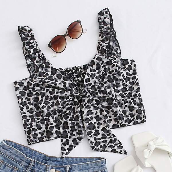 

Leopard Print Shirred Frill Crop Top, Multicolor