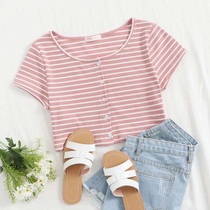 

Striped Ribbed Button Up Tee, Baby pink