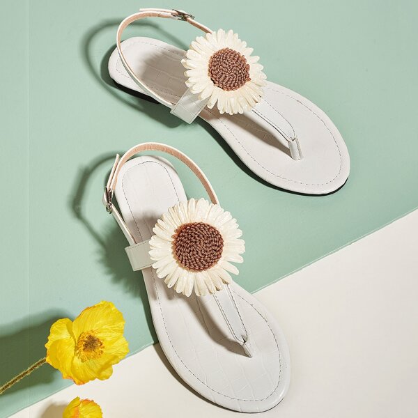 

Floral Appliques Thong Sandals, White