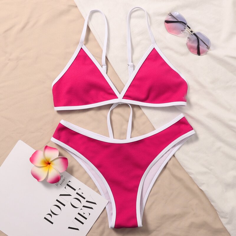 

Rib Contrast Binding Bikini Swimsuit, Hot pink bright