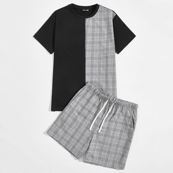 

Men Plaid Spliced Top & Drawstring Waist Shorts Set, Multicolor