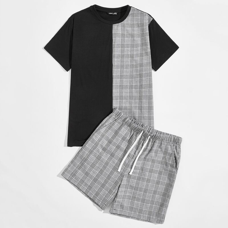 

Guys Plaid Spliced Top & Drawstring Waist Shorts Set, Multicolor