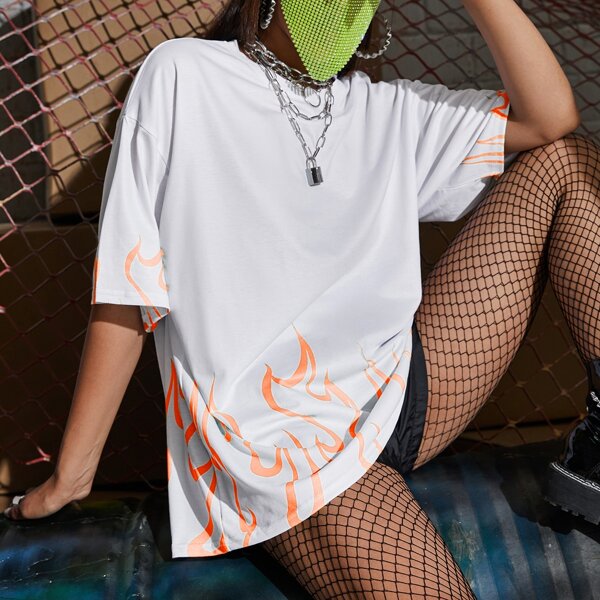 

Drop Shoulder Fire Print Oversized Tee, White