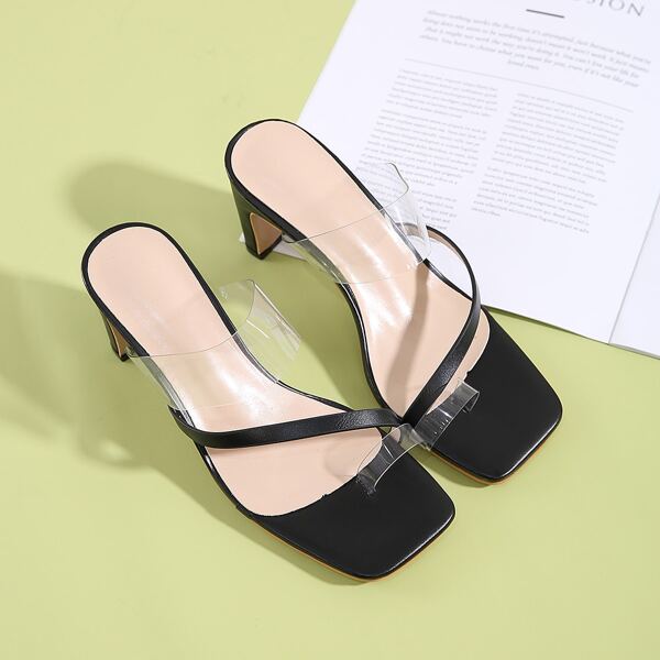 

Toe Loop Clear Chunky Heeled Sandal Mules, Black