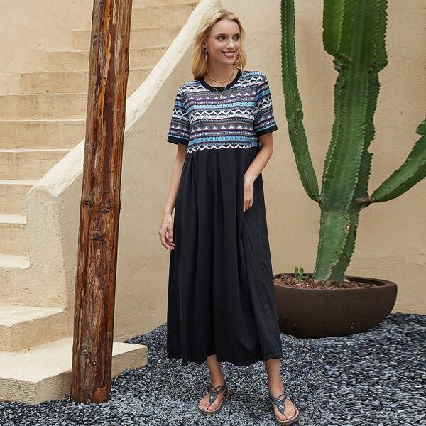 

Tribal Print Smock Dress, Black