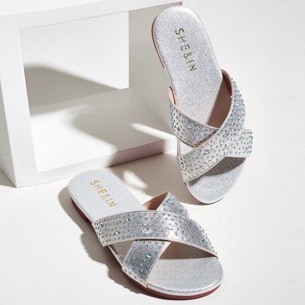 

Toddler Girls Rhinestone Decor Cross Strap Slides, Silver