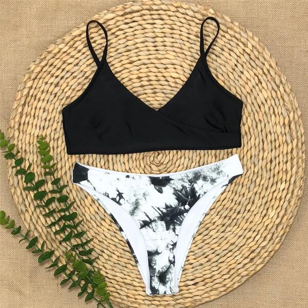 

Tie Dye Surplice Neck Bikini Swimsuit, Black and white