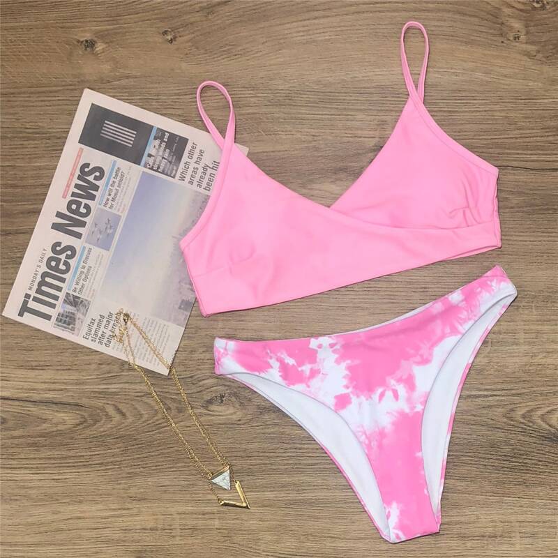 

Tie Dye Surplice Neck Bikini Swimsuit, Baby pink