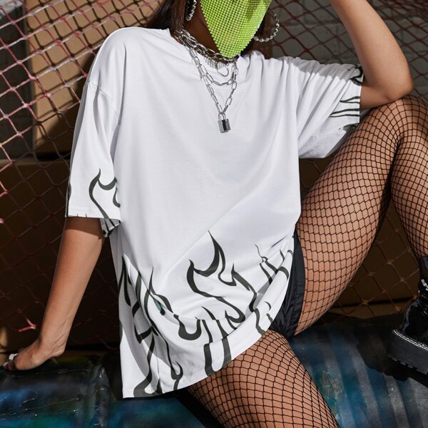 

Drop Shoulder Fire Print Oversized Tee, White