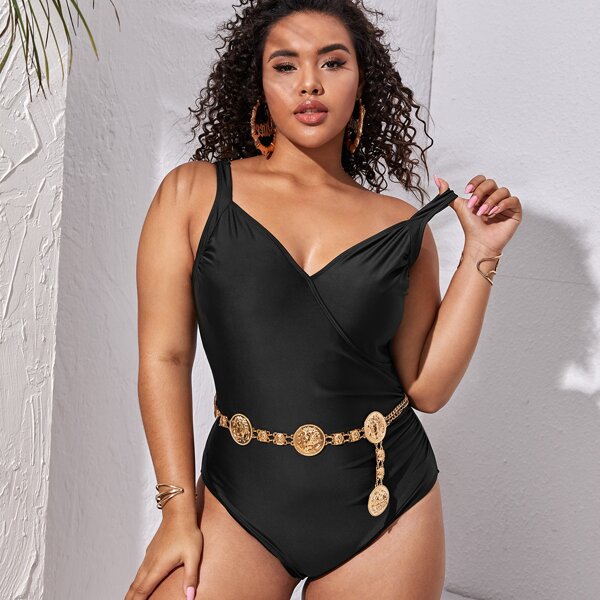 

Plus Ruched V Neck One Piece Swimsuit, Black