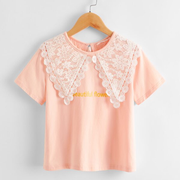 

Girls Guipure Lace Peter-pan Collar Letter Graphic Tee, Pastel baby pink