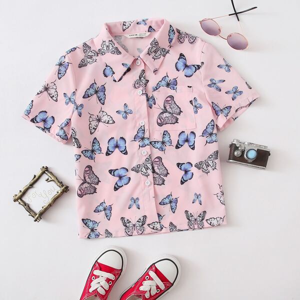 

Girls Allover Butterfly Print Patch Pocket Blouse, Pastel baby pink