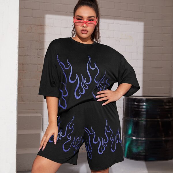 

Plus Drop Shoulder Fire Print Tee, Black