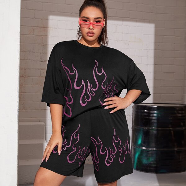 

Plus Drop Shoulder Fire Print Tee, Black