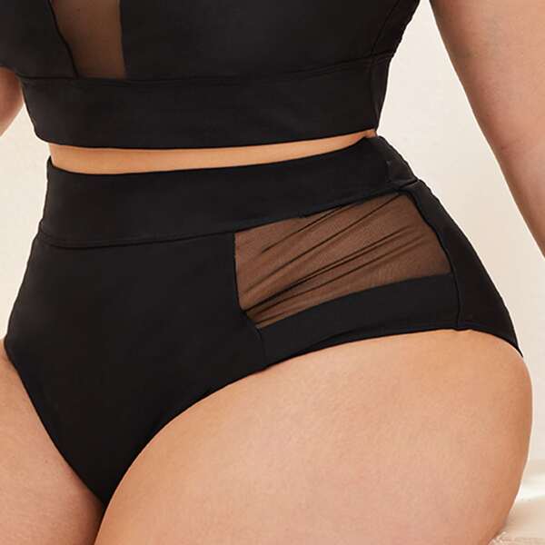 

Plus Sheer Mesh Insert High-Rise Bikini Bottoms, Black