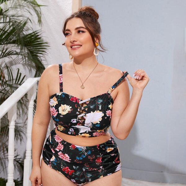 

Plus Floral Criss Cross Bikini Swimsuit, Black