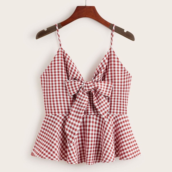 

Tie Front Gingham Cami Top, Red and white