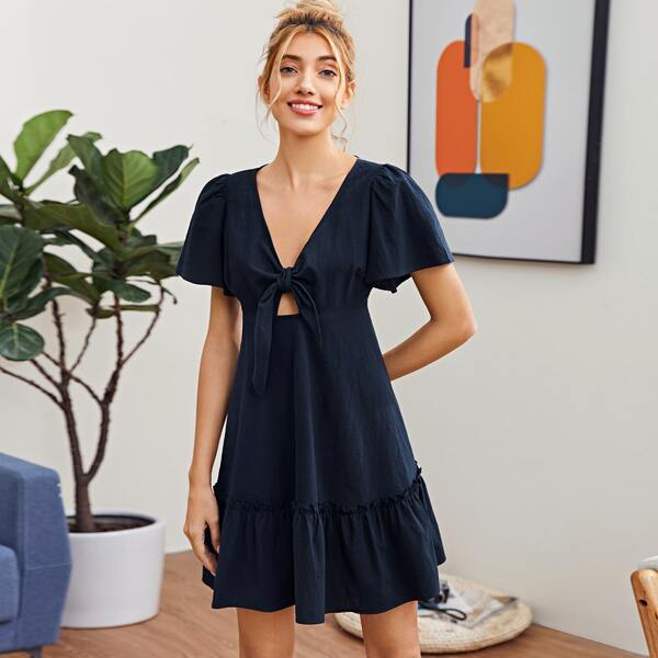 

Knot Front Frill Trim Dress, Navy blue